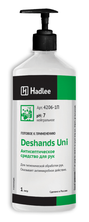 Антисептическое средство HADLEE Deshands Uni 1л (4206-1П) теперь с удобным дозатором!