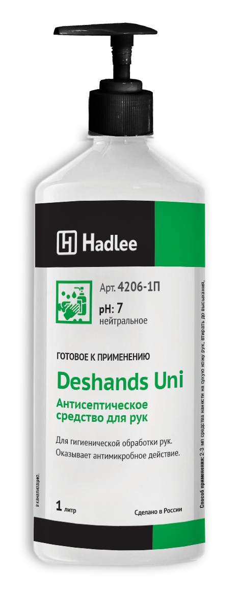 ВЫВЕДЕН! HADLEE Deshands Uni 1л (Дезхэндс Юни) ср-во дезинф. (кожный антисептик), помпа (4206-1П) оптом в Торус