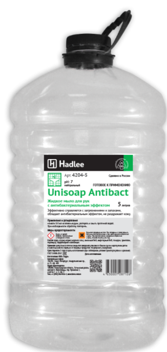 HADLEE Unisoap Antibact 5л ПЭТ (Юнисоп Антибакт) мыло жидкое для рук антибакт эффект, белое (4204-5)