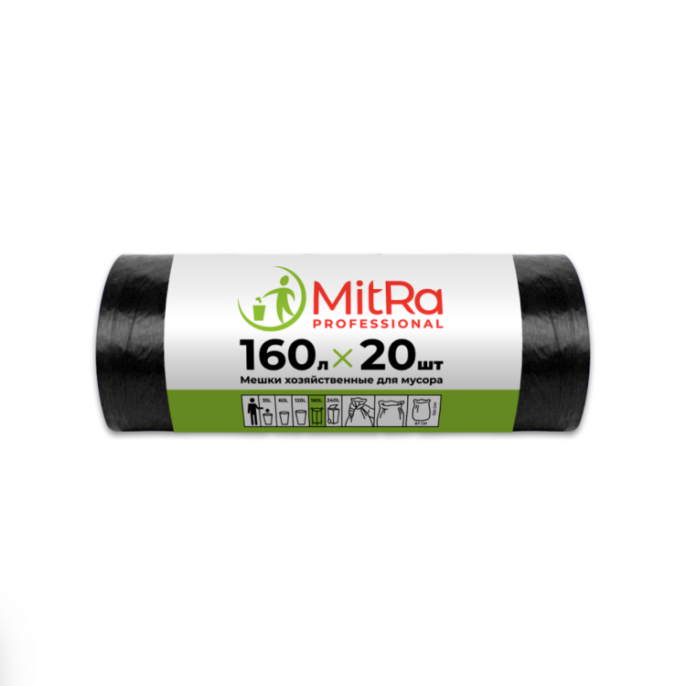 Пакеты д/мусора 160л (20шт/рул) ПВД 30мкм 87х120см черн. MITRA PROFESSIONAL (1338607)